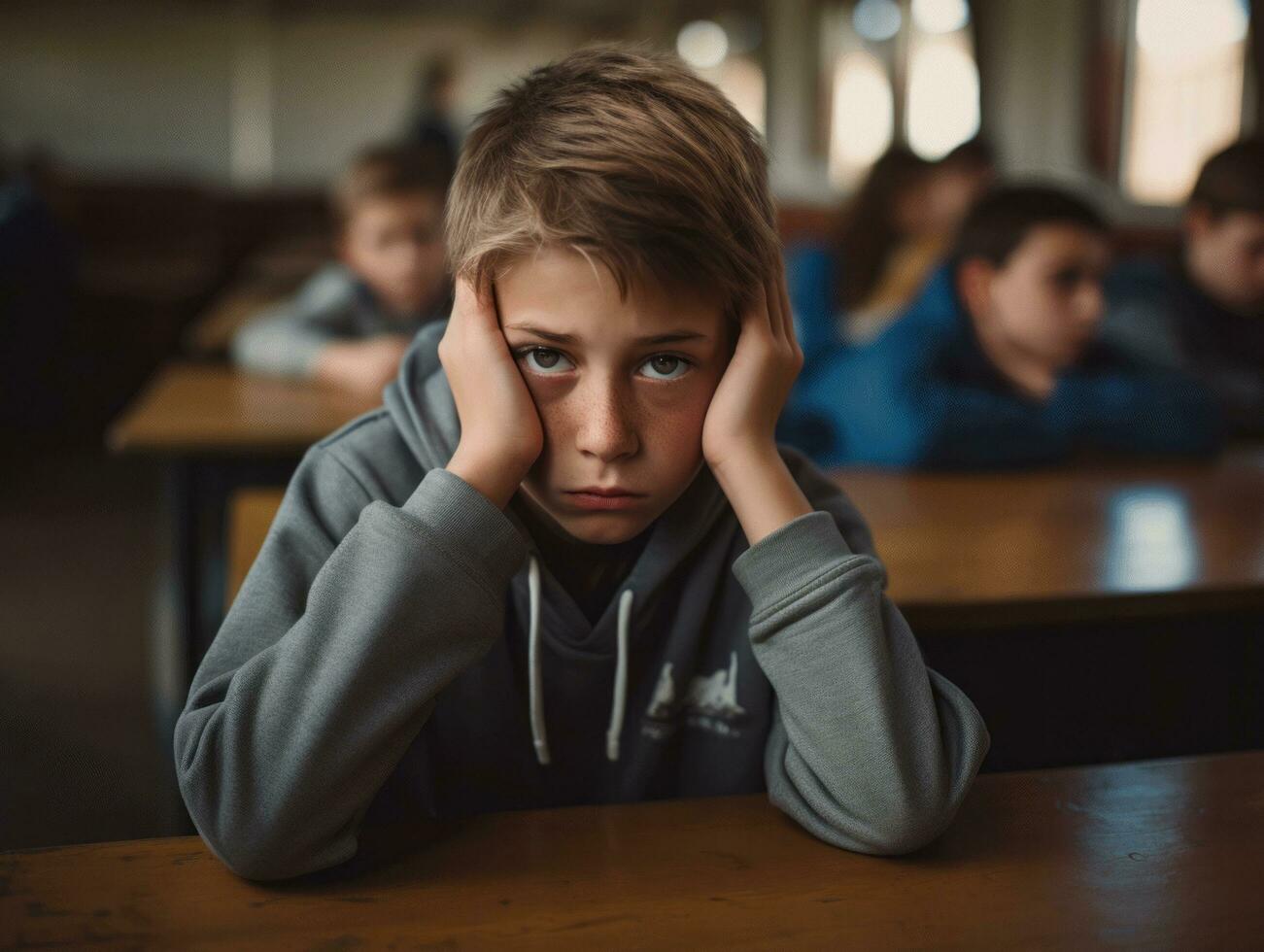 photo of emotional dynamic pose Brasilian kid in school AI Generative