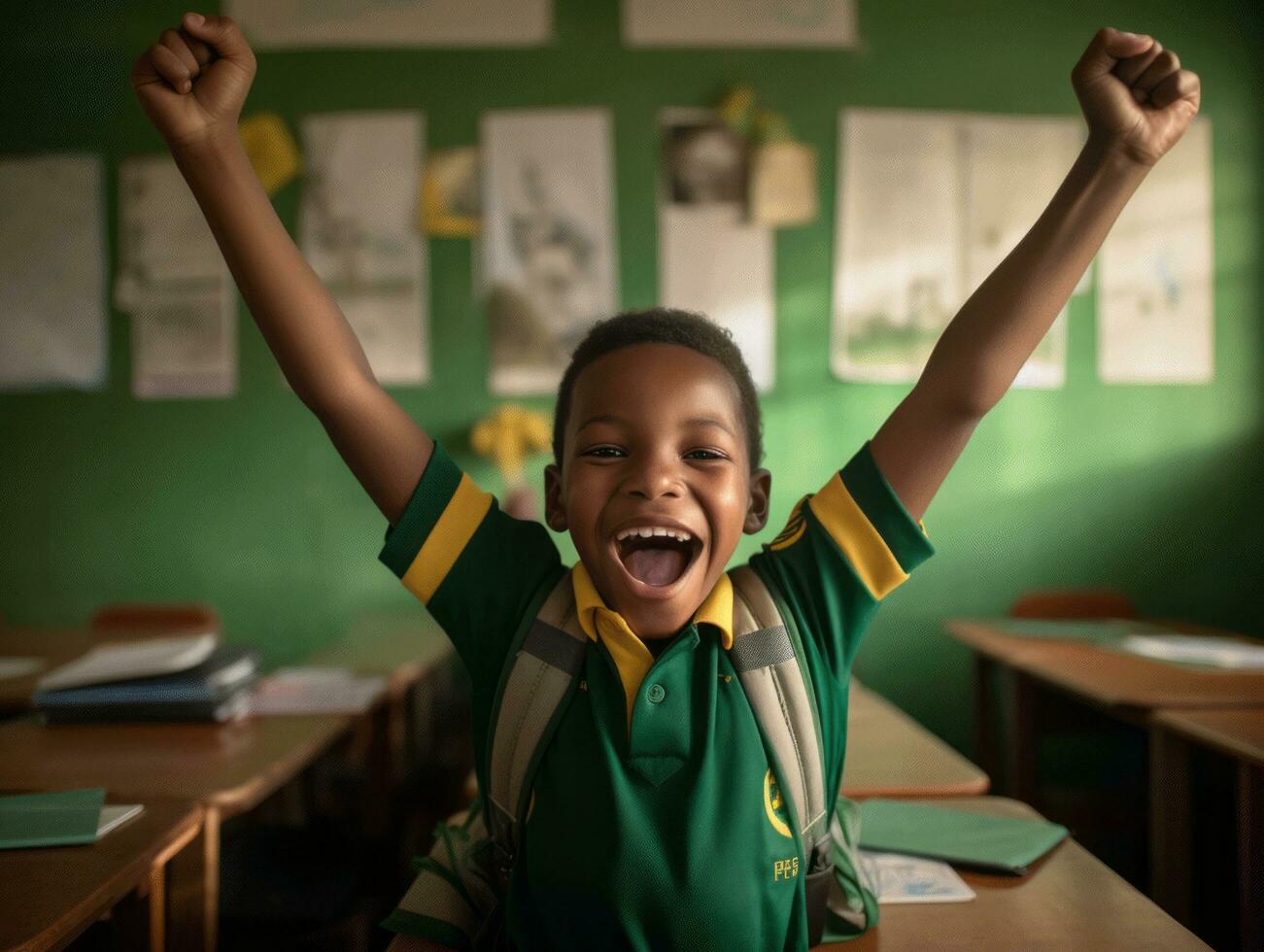 photo of emotional dynamic pose Brasilian kid in school AI Generative