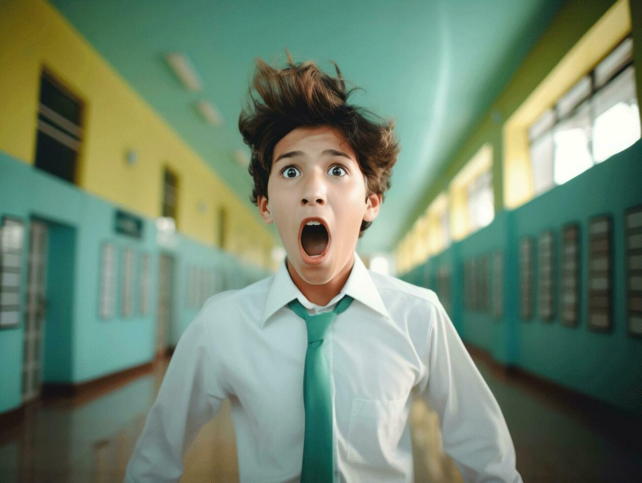 photo of emotional dynamic pose Brasilian kid in school AI Generative