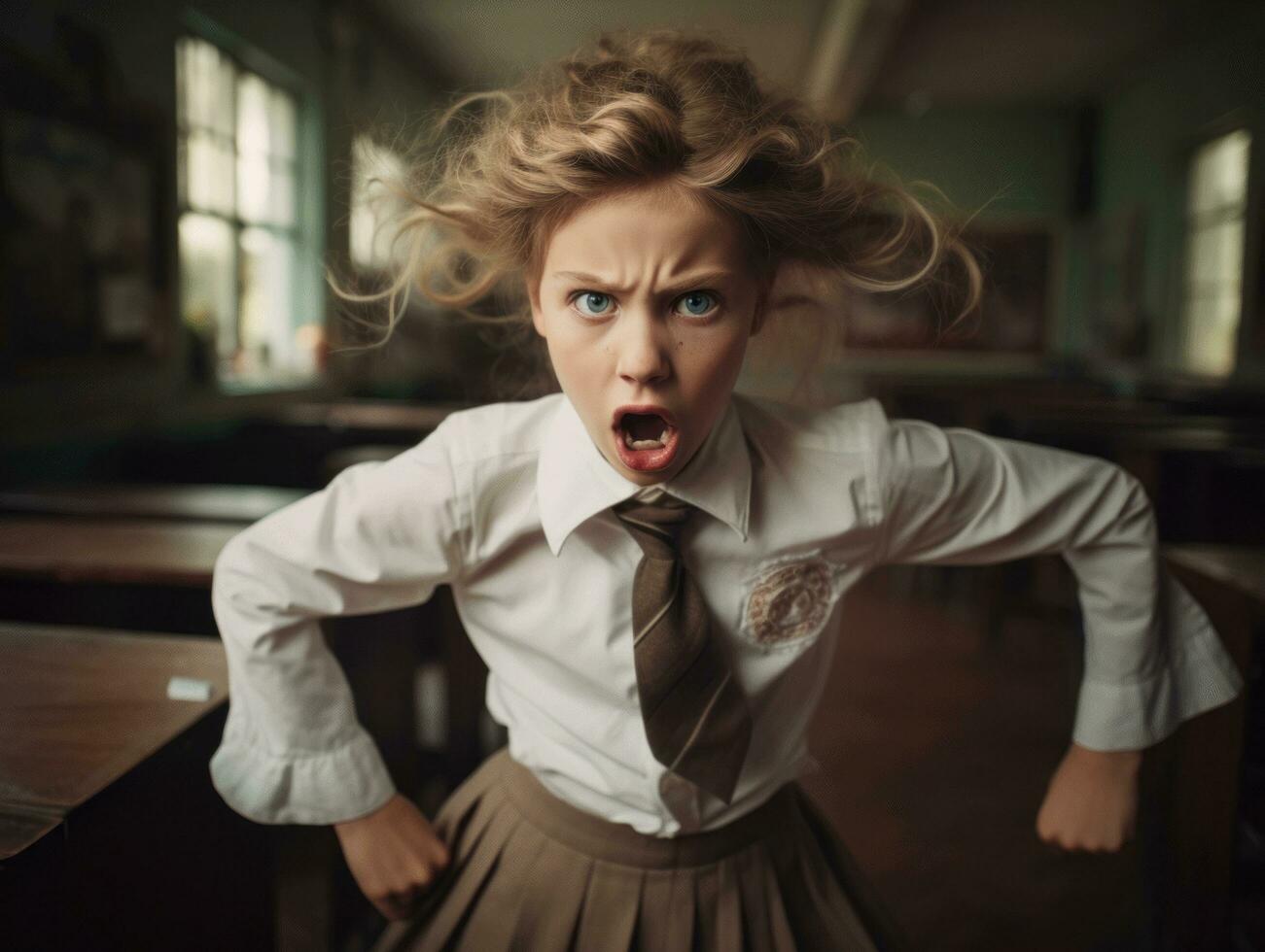 photo of emotional dynamic pose Brasilian kid in school AI Generative