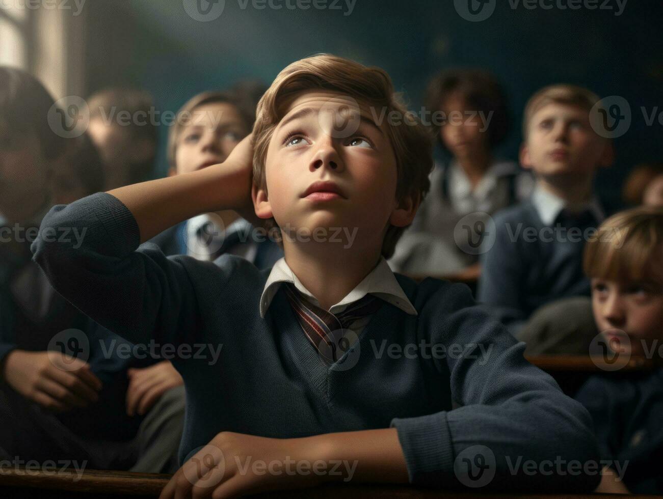 photo of emotional dynamic pose European kid in school AI Generative