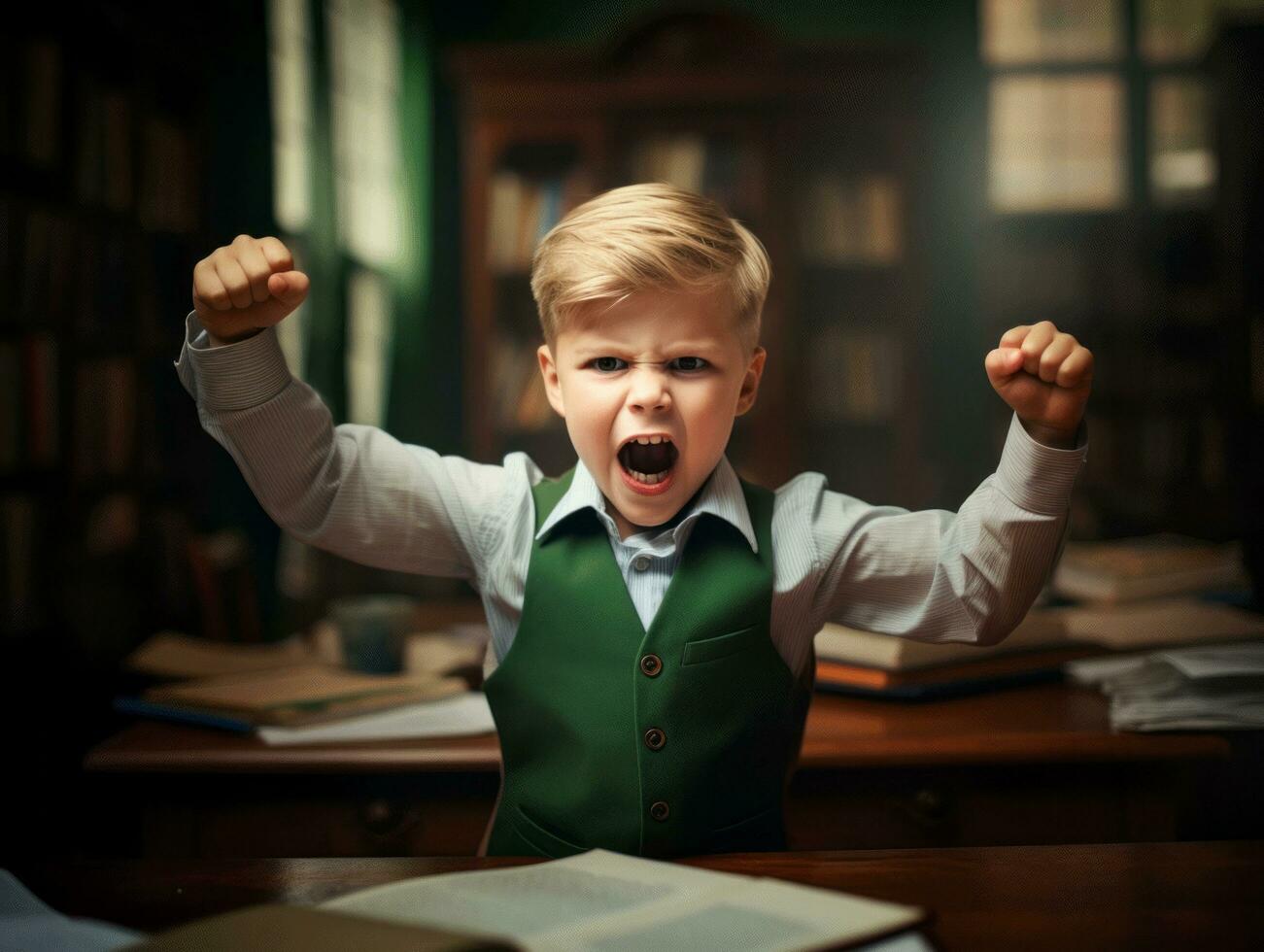 photo of emotional dynamic pose European kid in school AI Generative