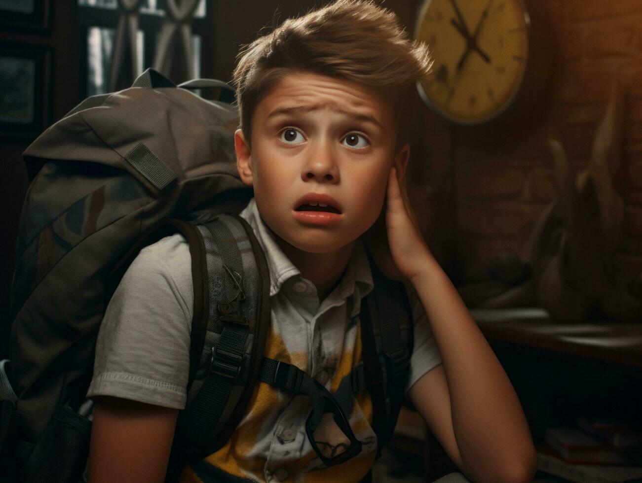 photo of emotional dynamic pose European kid in school AI Generative