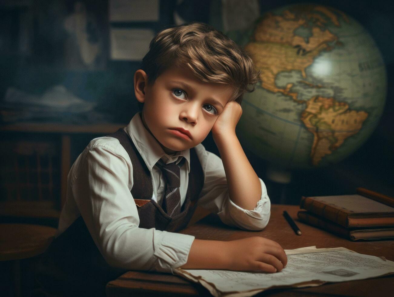 photo of emotional dynamic pose European kid in school AI Generative
