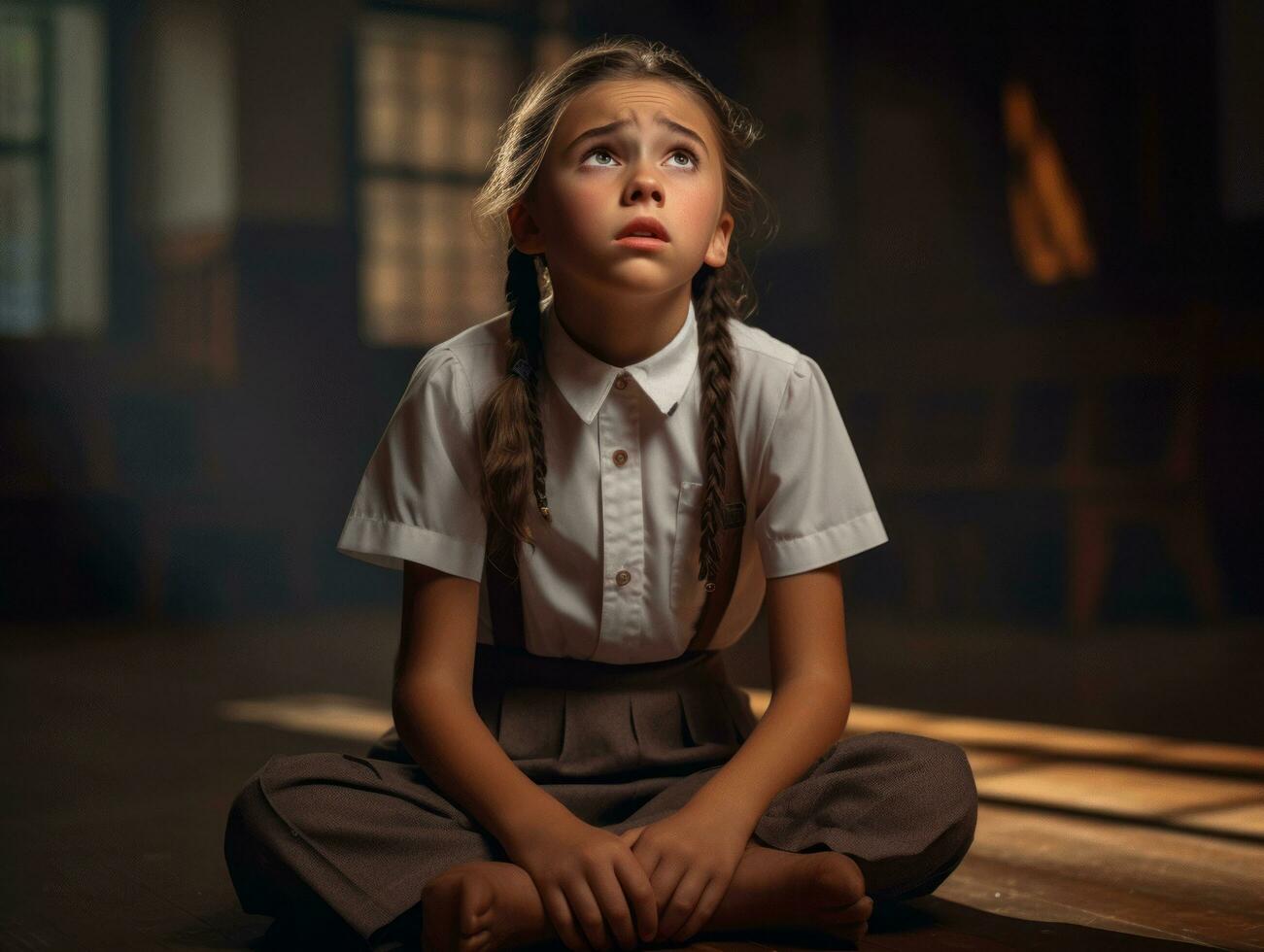 foto de emocional dinámica actitud europeo niño en colegio ai generativo