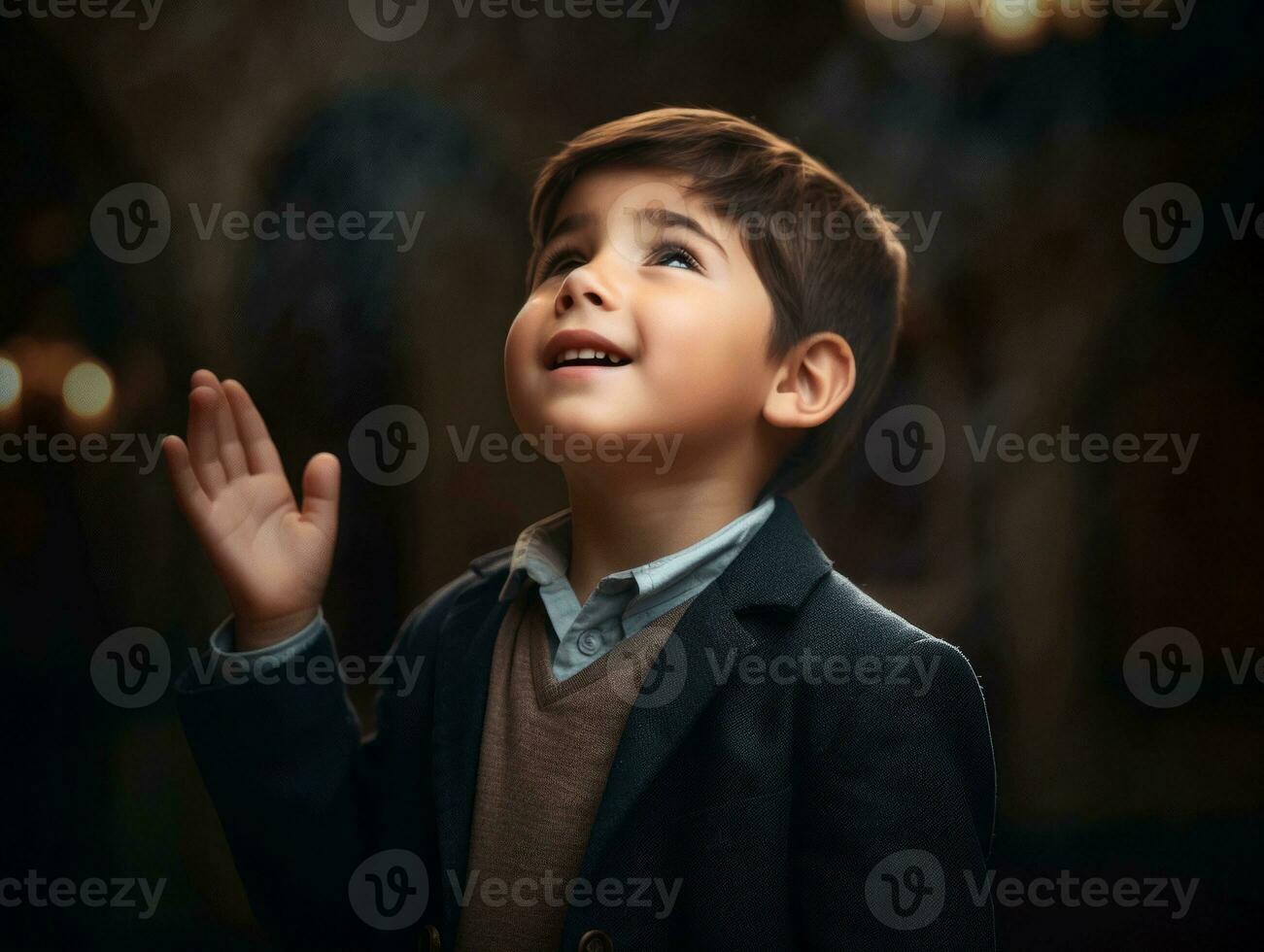 photo of emotional dynamic pose European kid in school AI Generative