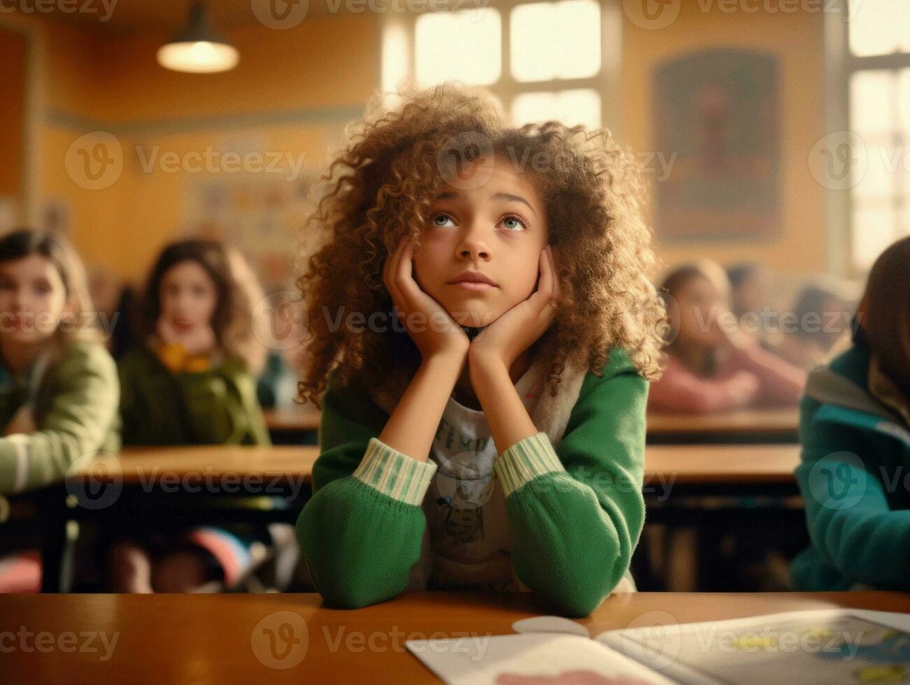 photo of emotional dynamic pose European kid in school AI Generative