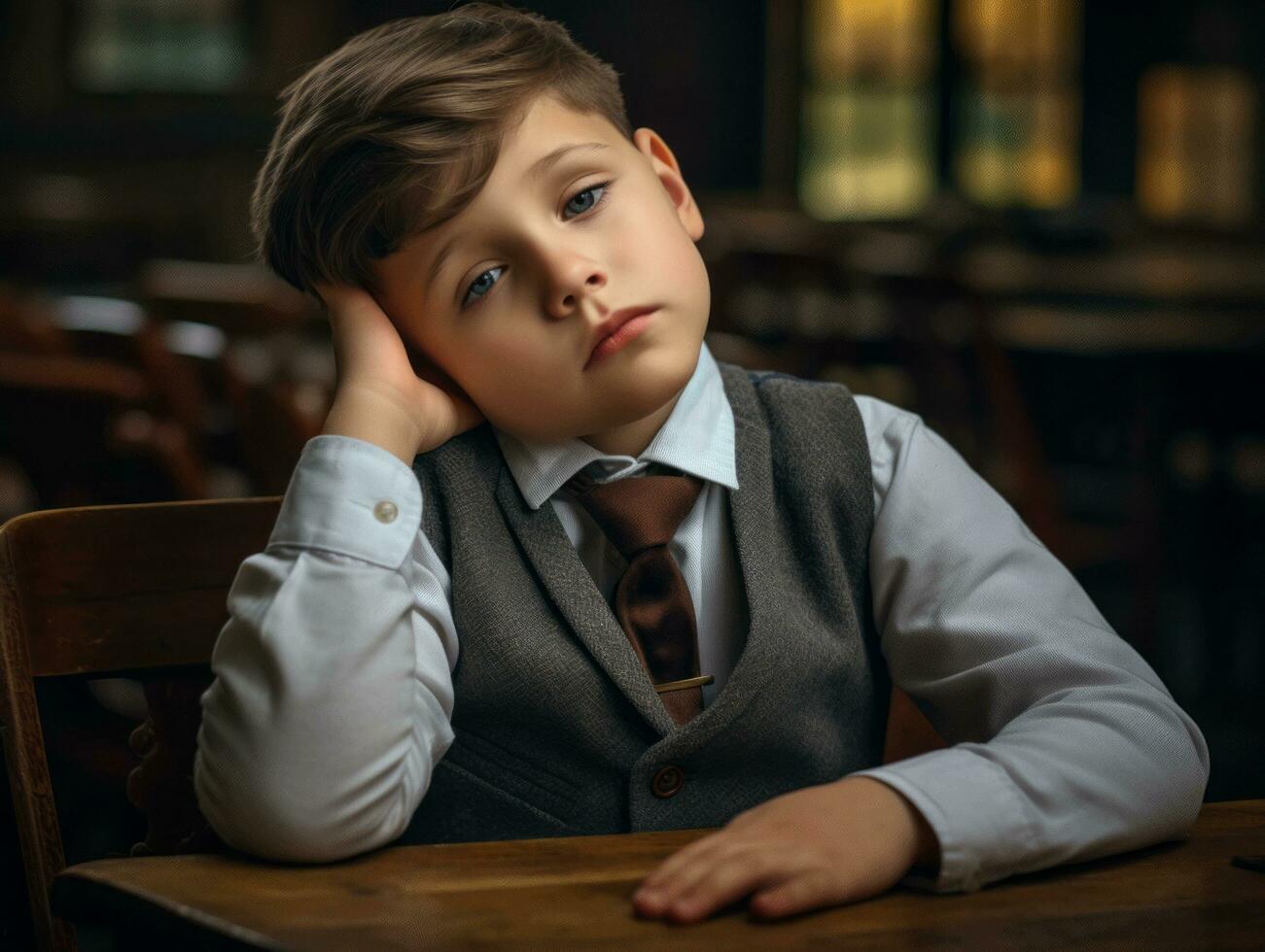 foto de emocional dinámica actitud europeo niño en colegio ai generativo