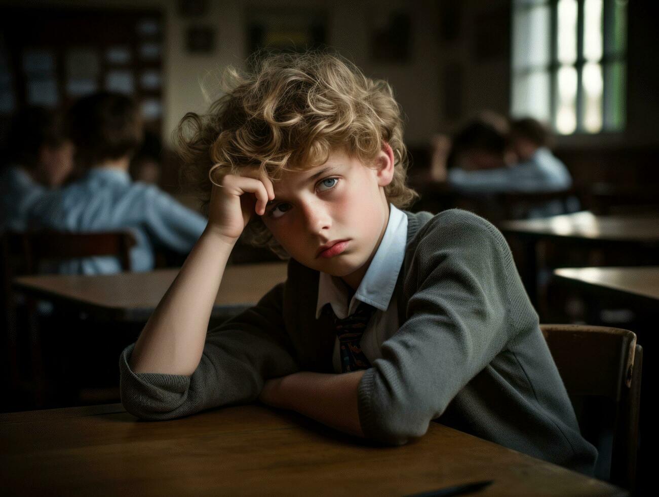 foto de emocional dinámica actitud europeo niño en colegio ai generativo