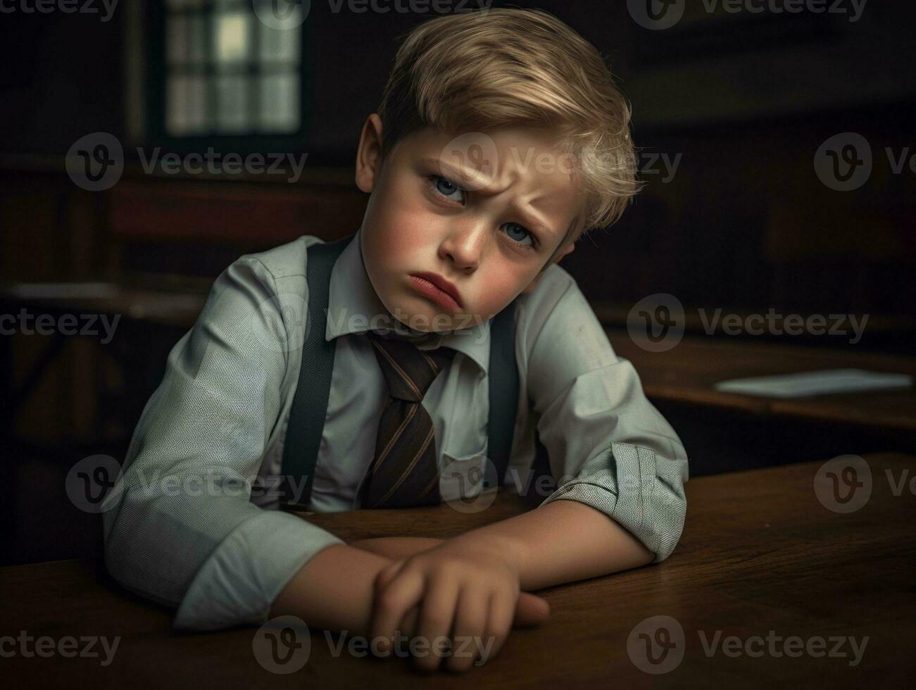 foto de emocional dinámica actitud europeo niño en colegio ai generativo