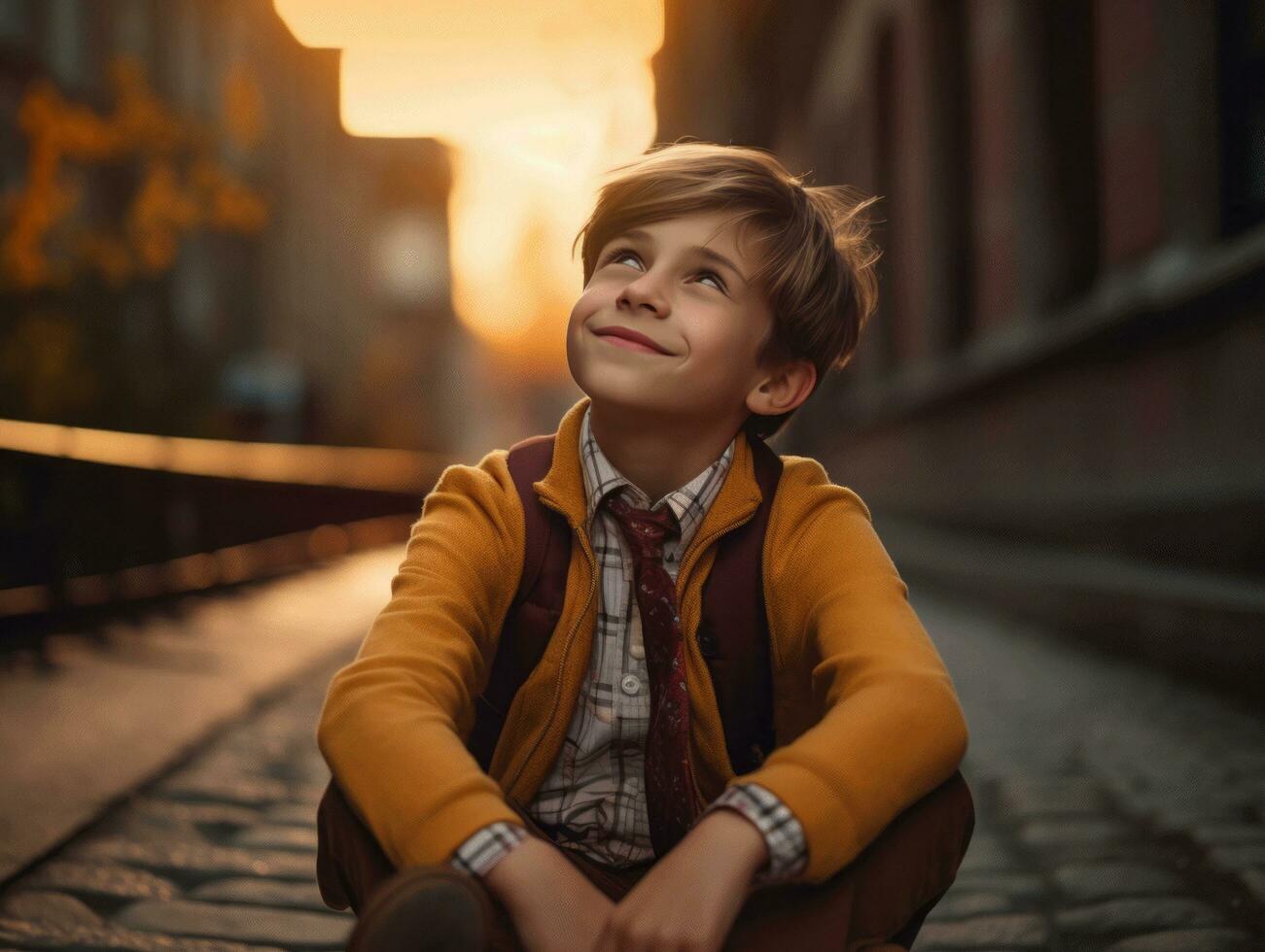 photo of emotional dynamic pose European kid in school AI Generative