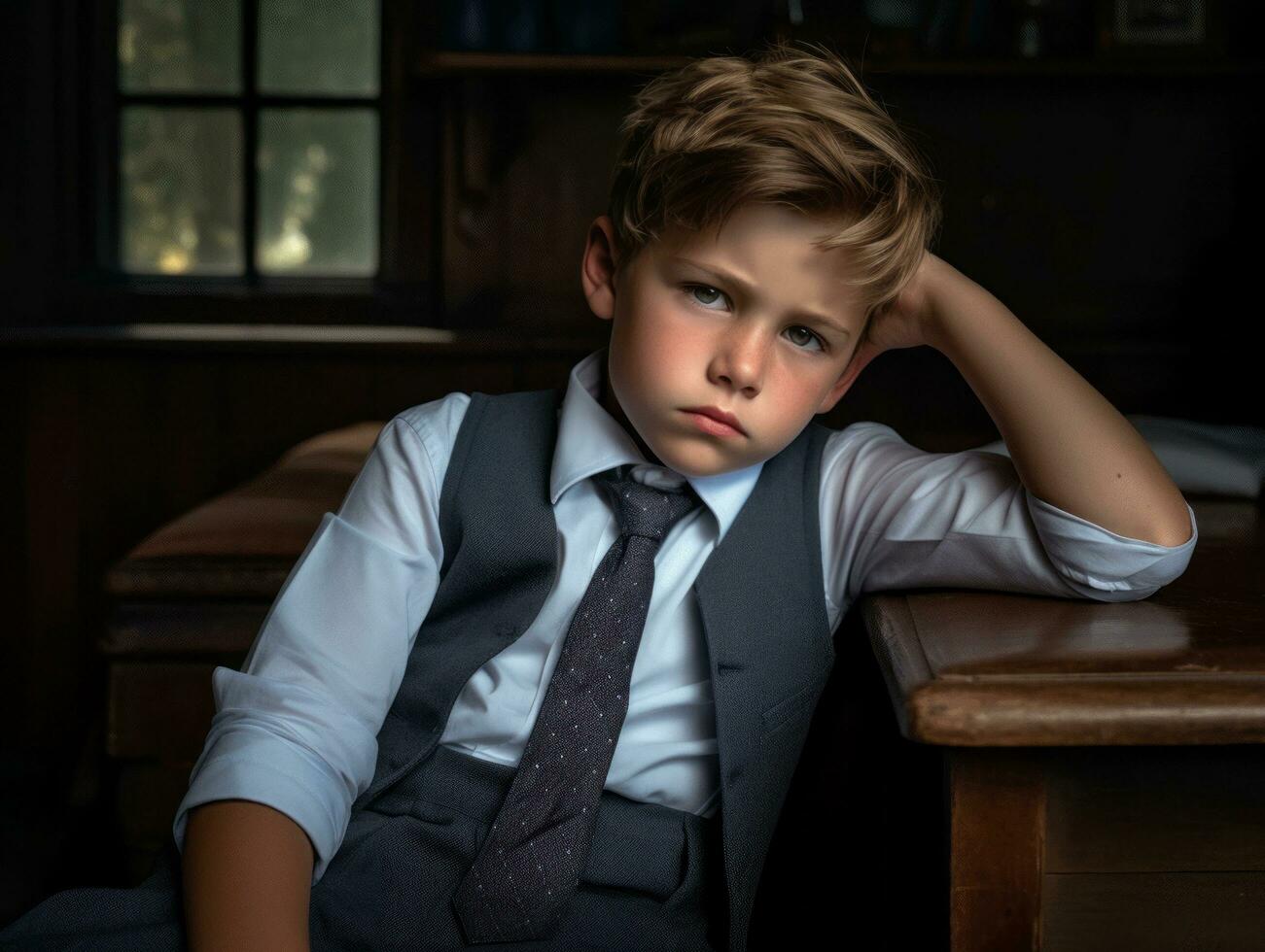 photo of emotional dynamic pose European kid in school AI Generative