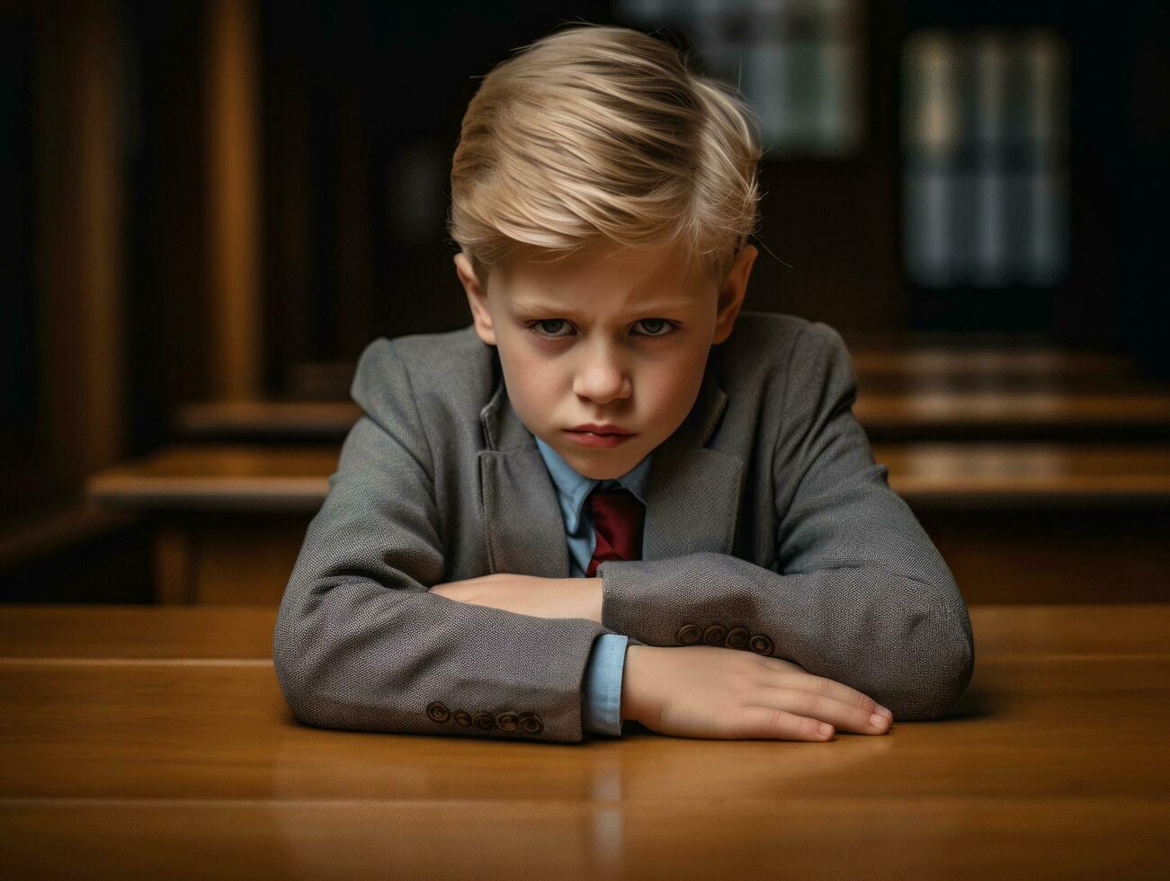 photo of emotional dynamic pose European kid in school AI Generative