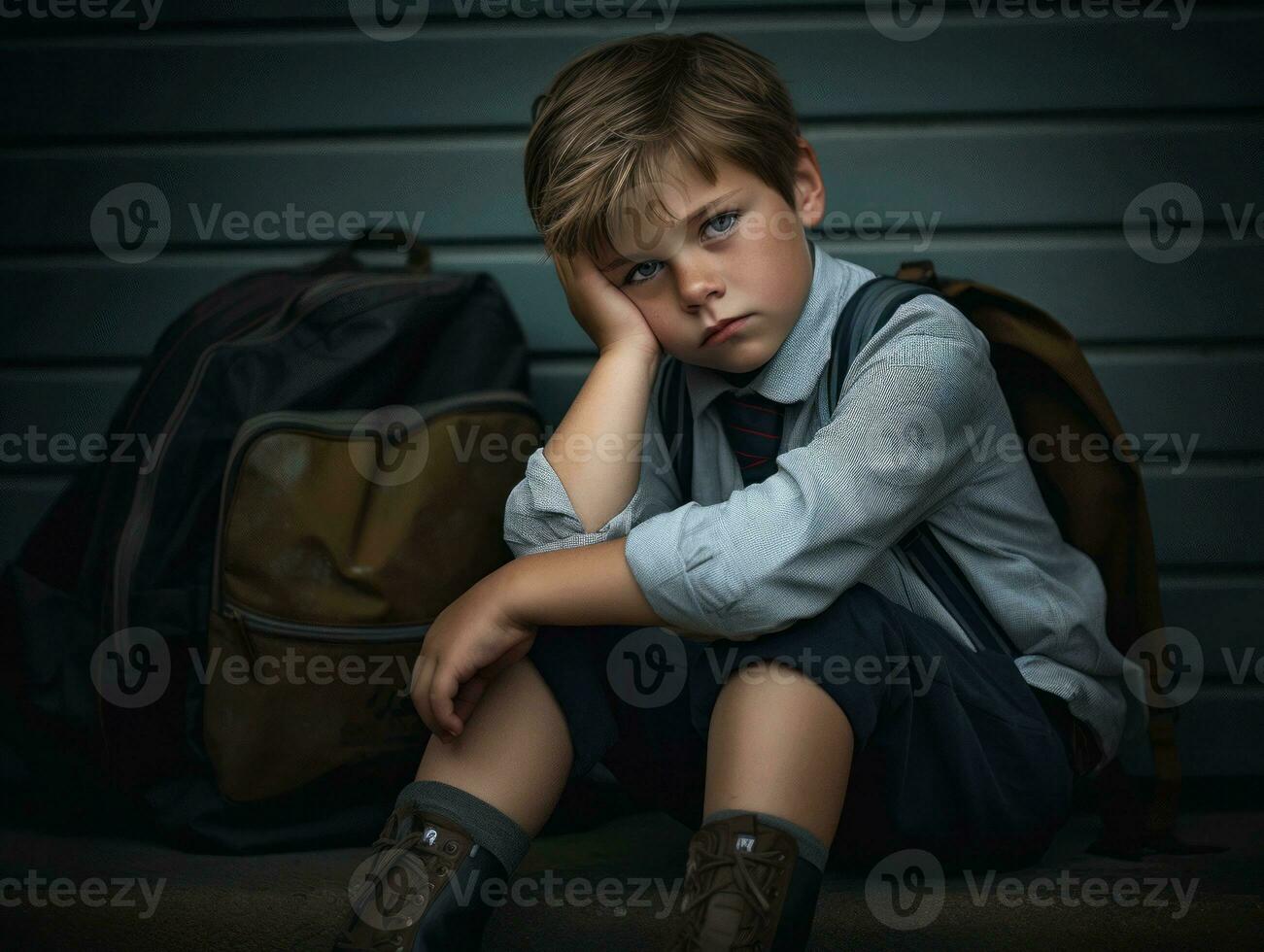 photo of emotional dynamic pose European kid in school AI Generative