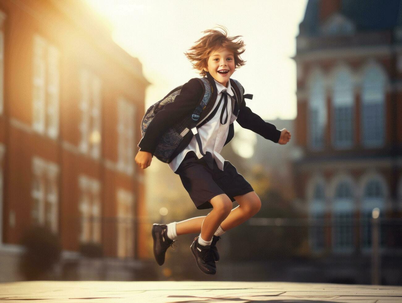 photo of emotional dynamic pose European kid in school AI Generative