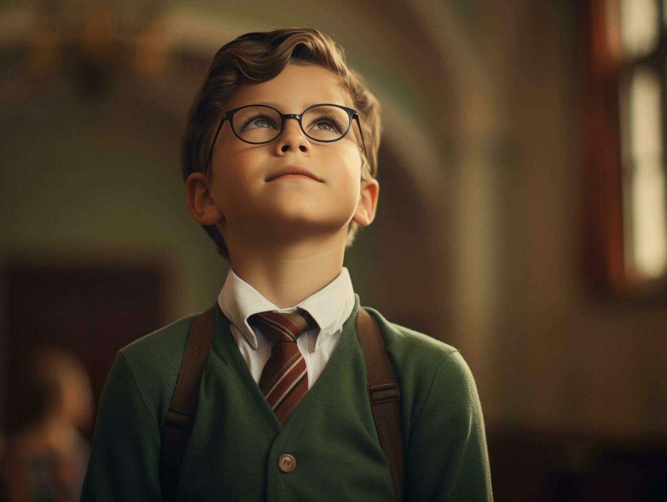 photo of emotional dynamic pose European kid in school AI Generative