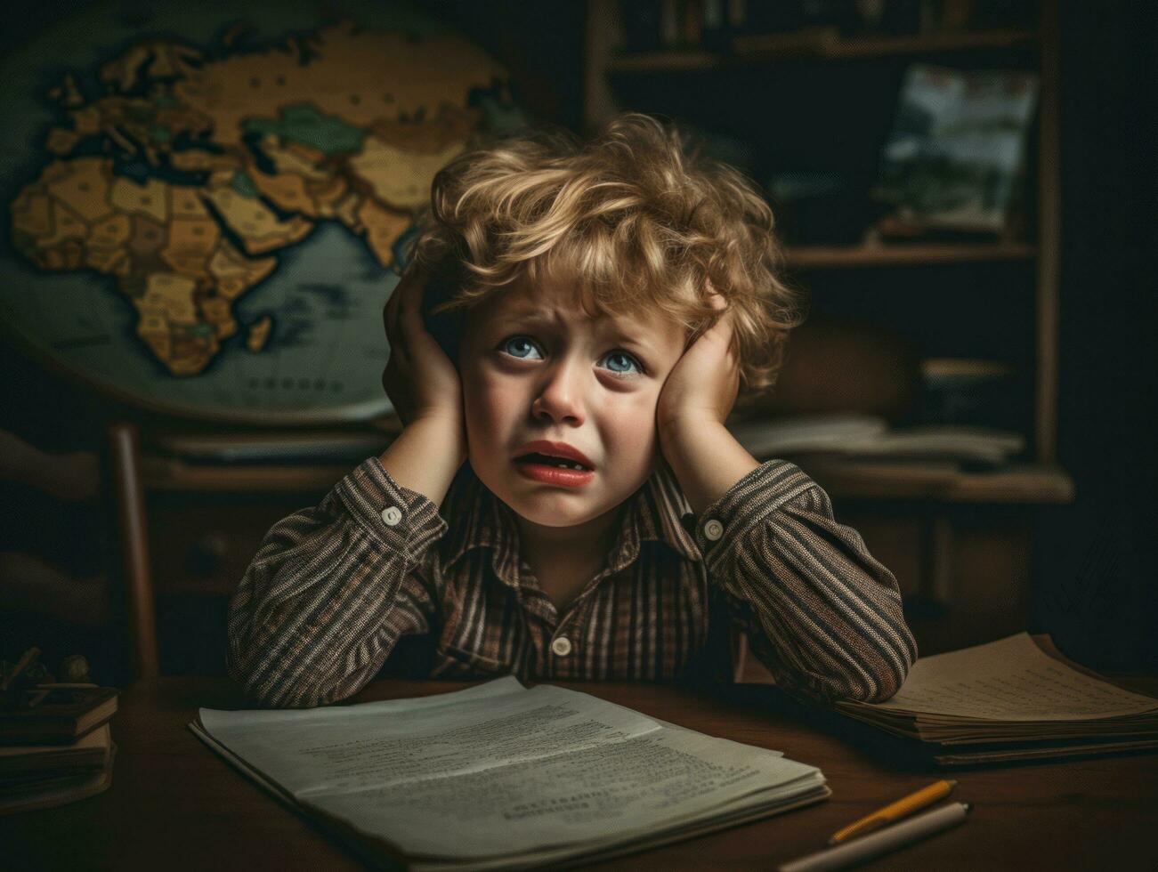 photo of emotional dynamic pose European kid in school AI Generative