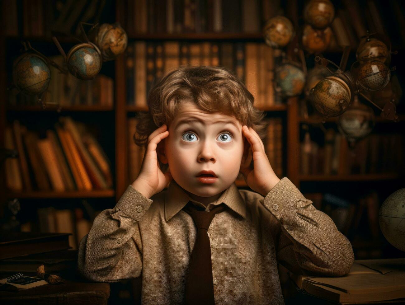 photo of emotional dynamic pose European kid in school AI Generative