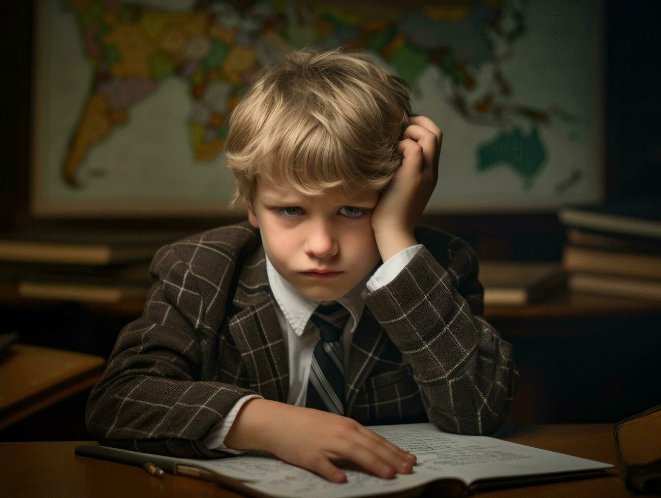 photo of emotional dynamic pose European kid in school AI Generative