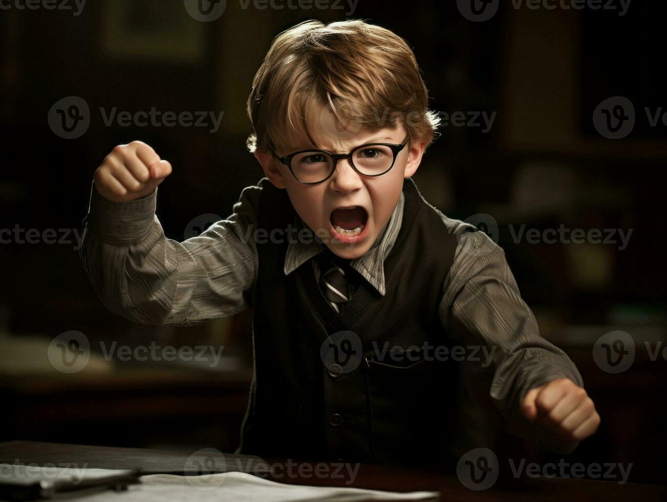 photo of emotional dynamic pose European kid in school AI Generative