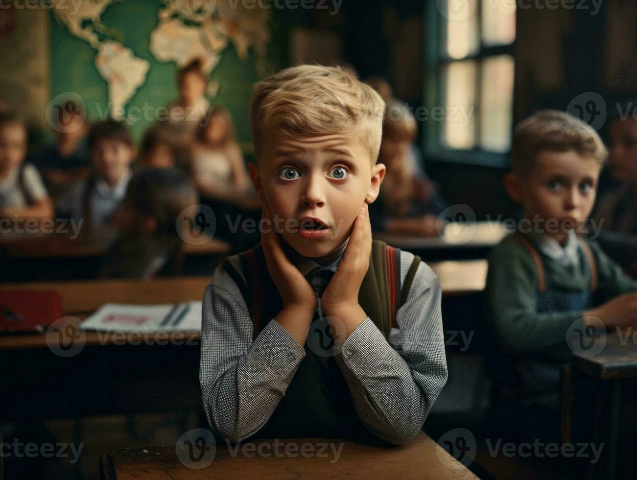 photo of emotional dynamic pose European kid in school AI Generative