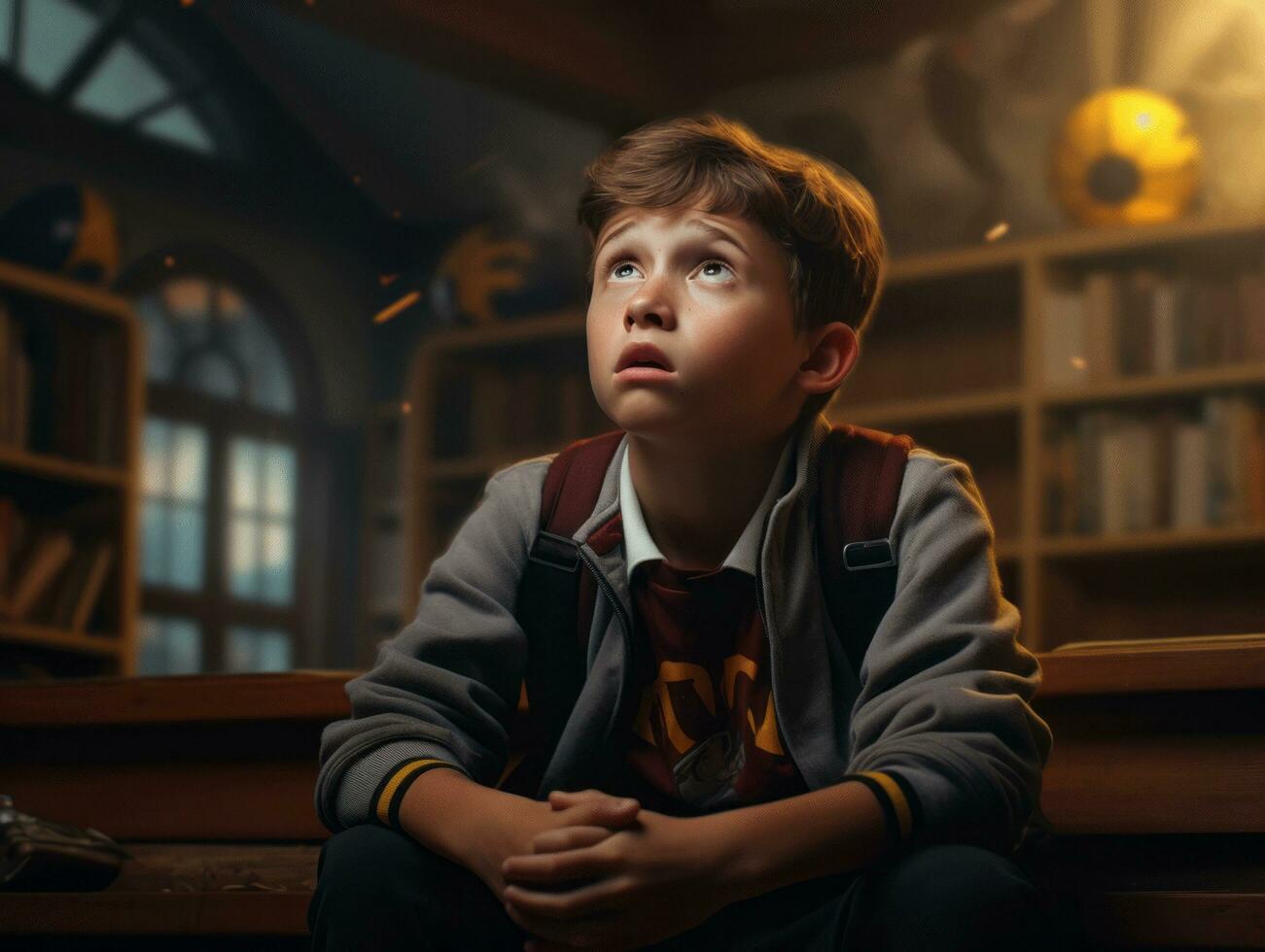 photo of emotional dynamic pose European kid in school AI Generative