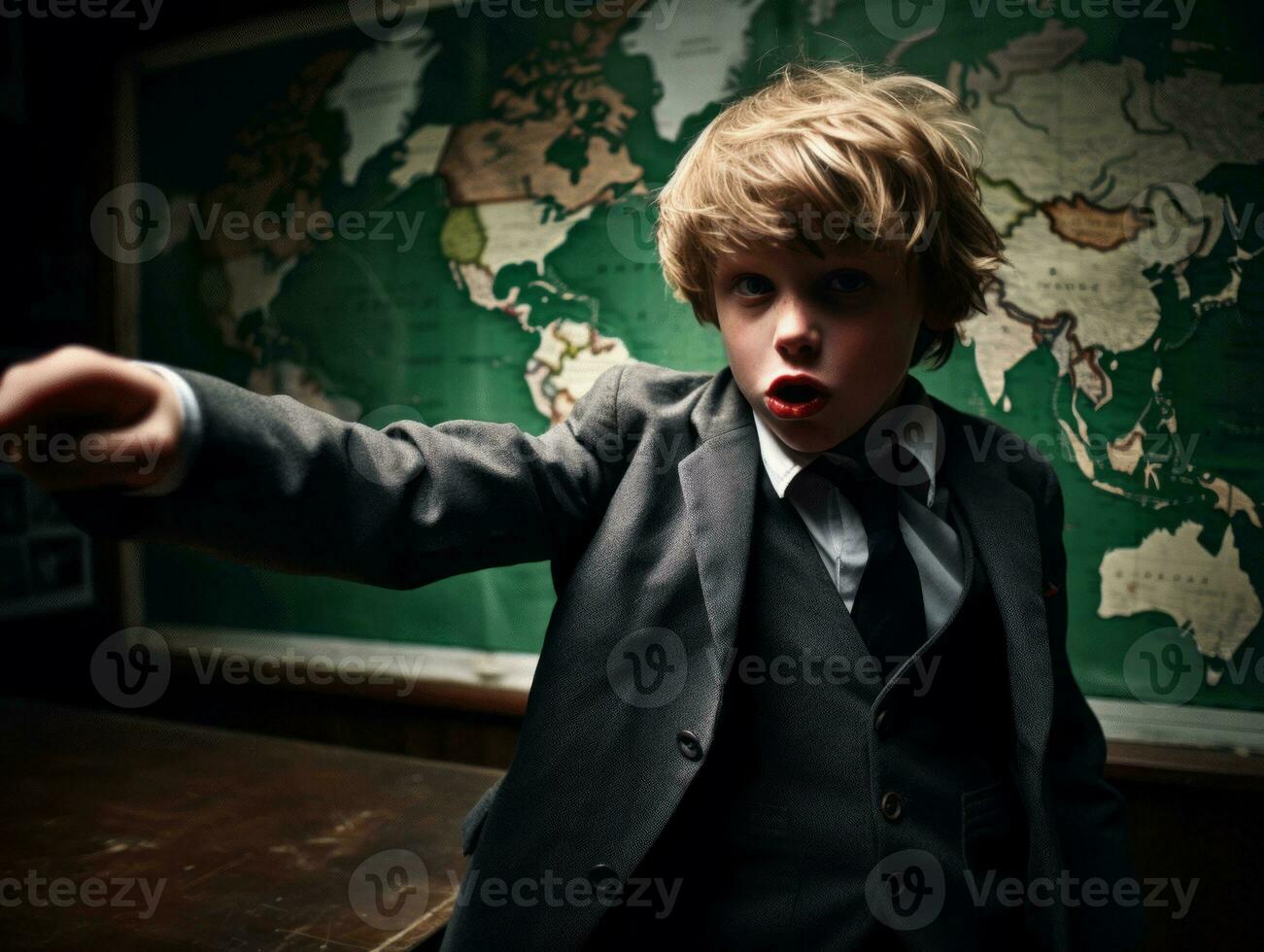 photo of emotional dynamic pose European kid in school AI Generative