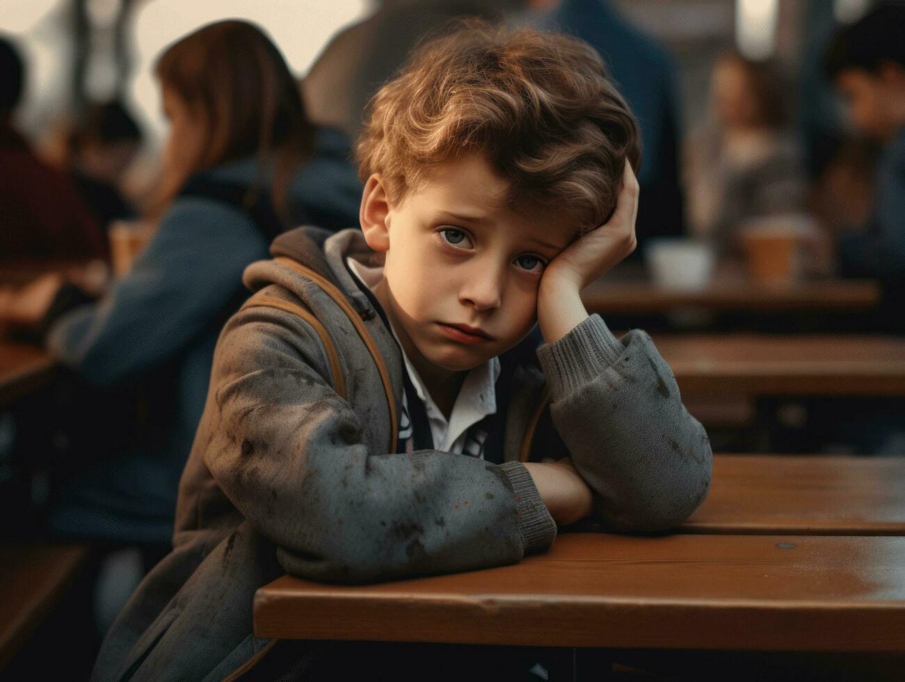 photo of emotional dynamic pose European kid in school AI Generative
