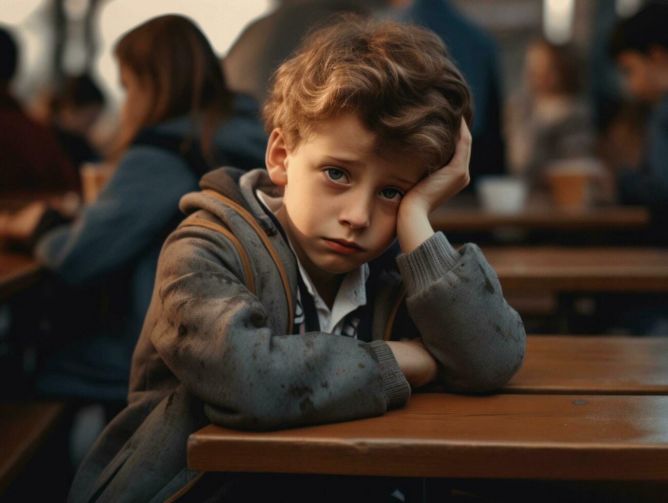 foto de emocional dinámica actitud europeo niño en colegio ai generativo