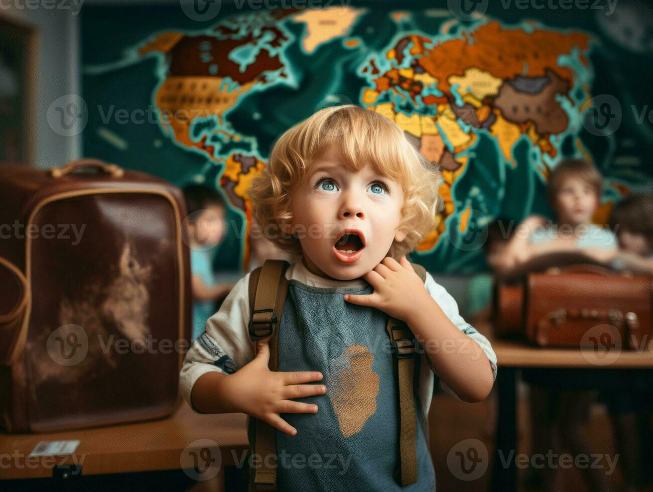 photo of emotional dynamic pose European kid in school AI Generative