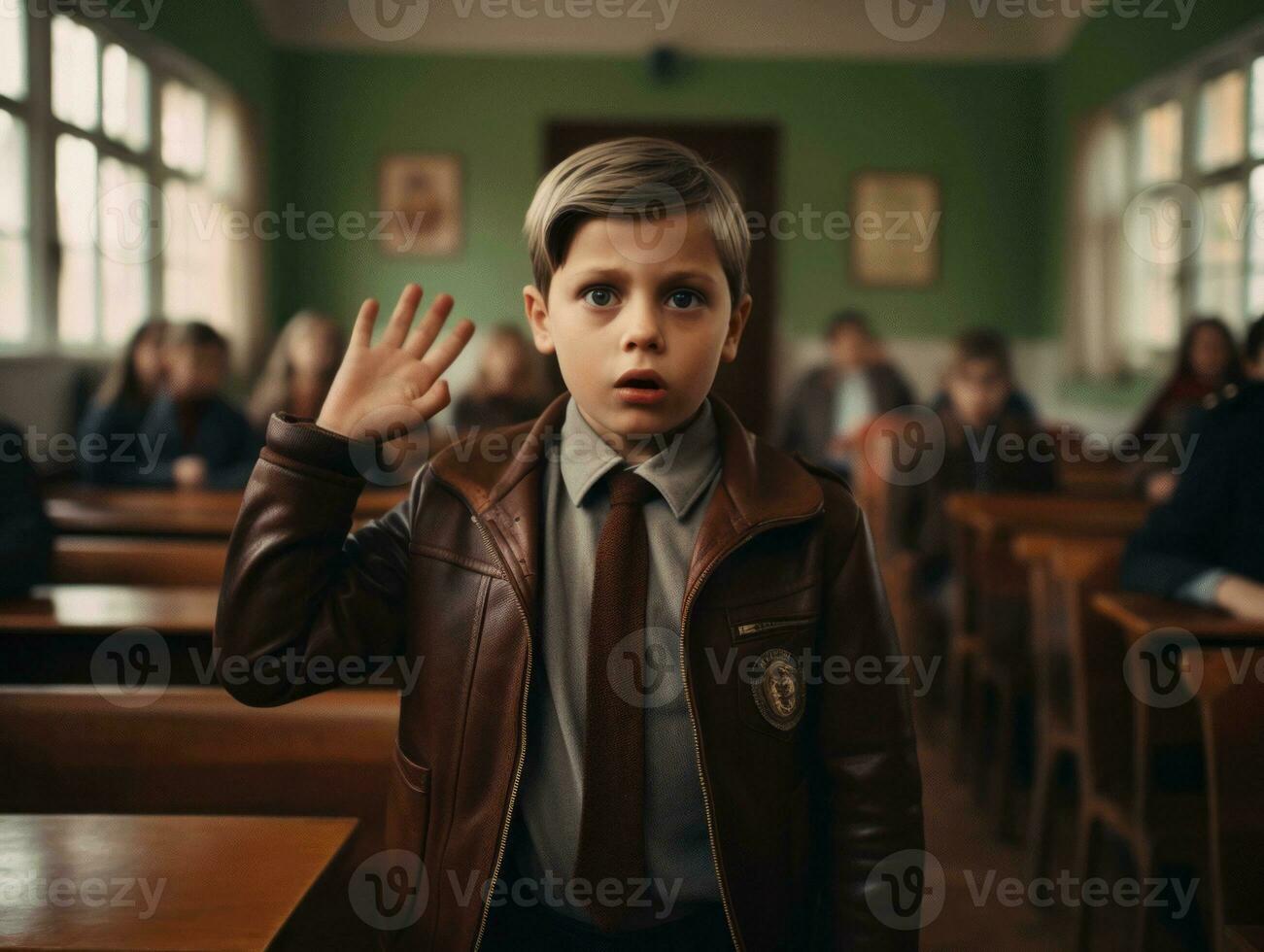 photo of emotional dynamic pose European kid in school AI Generative