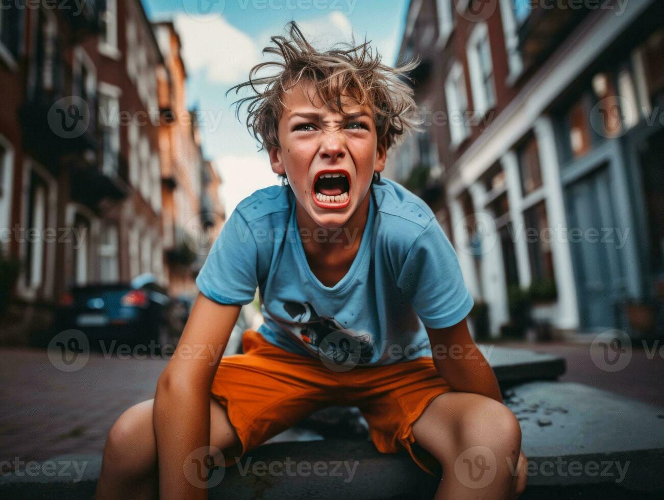 photo of emotional dynamic pose European kid in school AI Generative