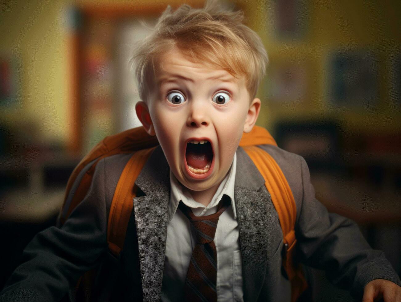 photo of emotional dynamic pose European kid in school AI Generative