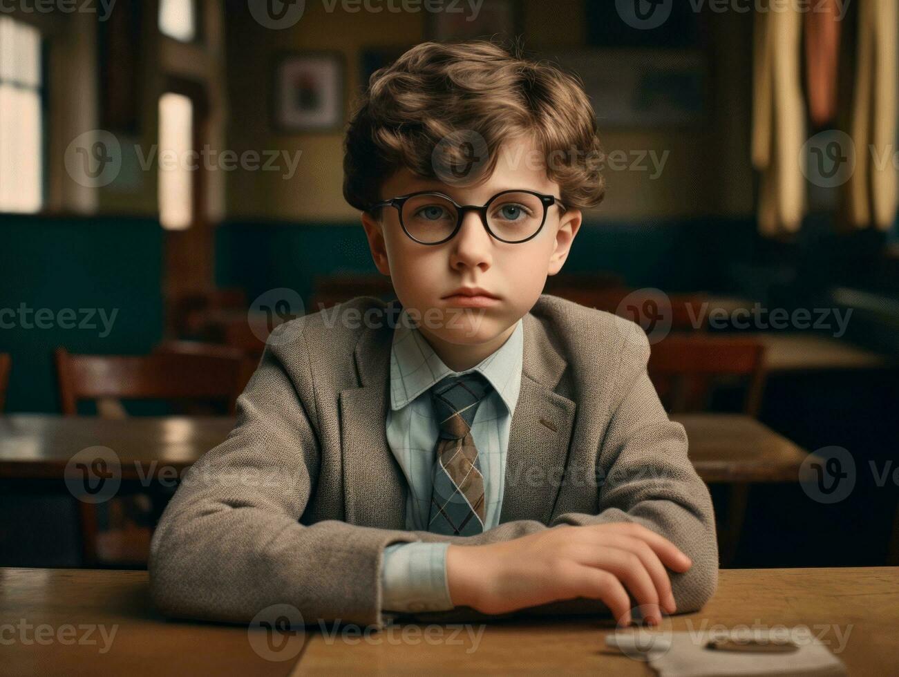photo of emotional dynamic pose European kid in school AI Generative
