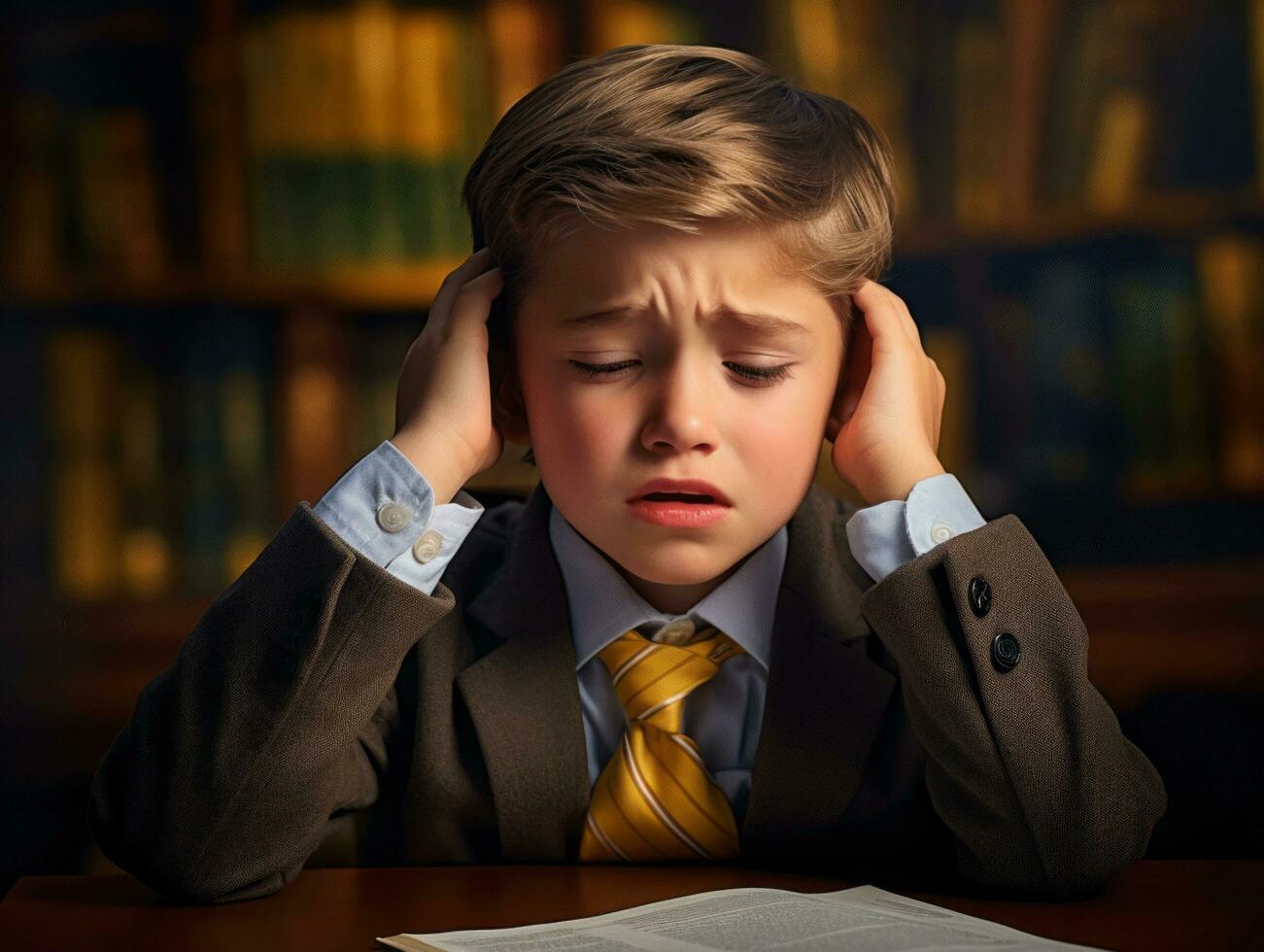 photo of emotional dynamic pose European kid in school AI Generative