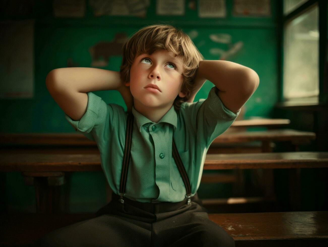 photo of emotional dynamic pose European kid in school AI Generative