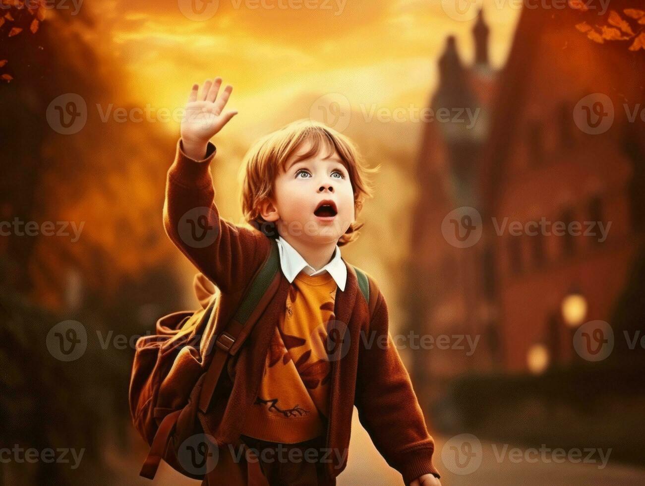 photo of emotional dynamic pose European kid in school AI Generative