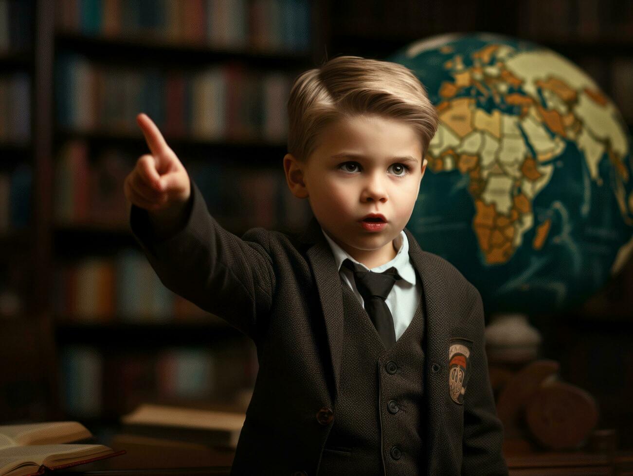 photo of emotional dynamic pose European kid in school AI Generative