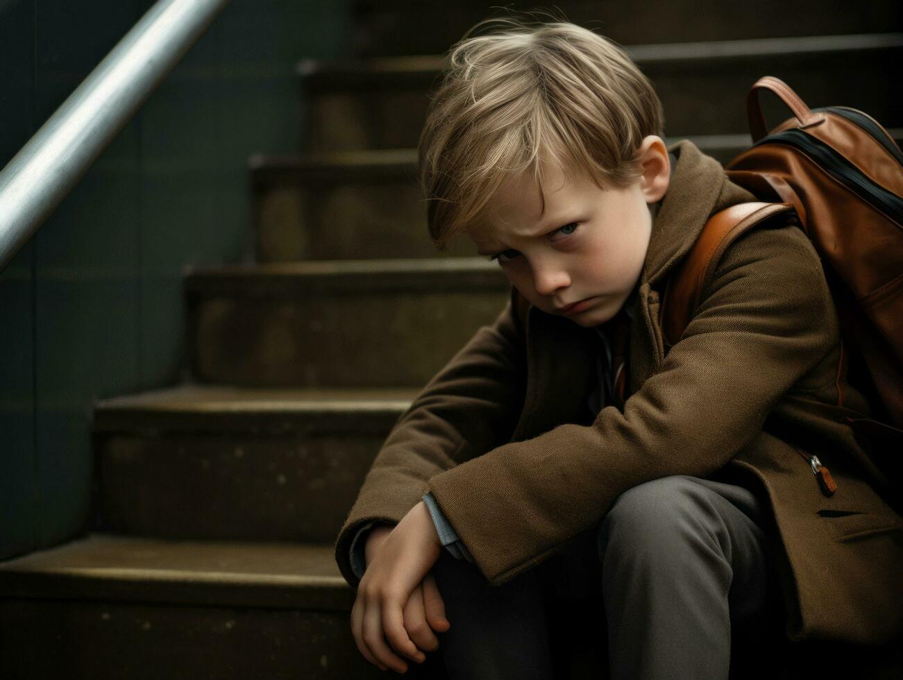 photo of emotional dynamic pose European kid in school AI Generative