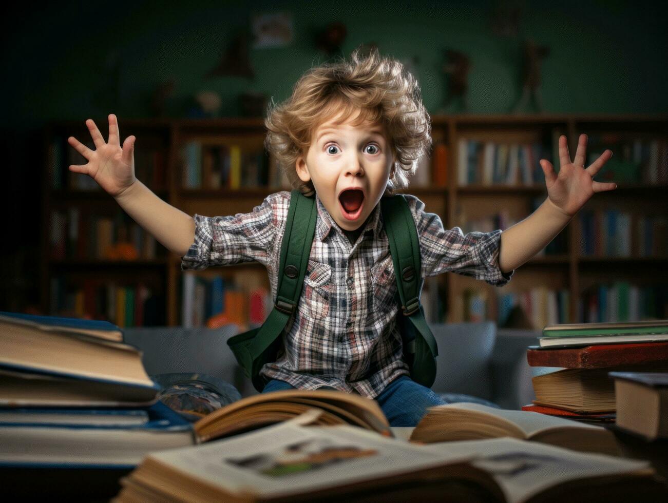 foto de emocional dinámica actitud europeo niño en colegio ai generativo