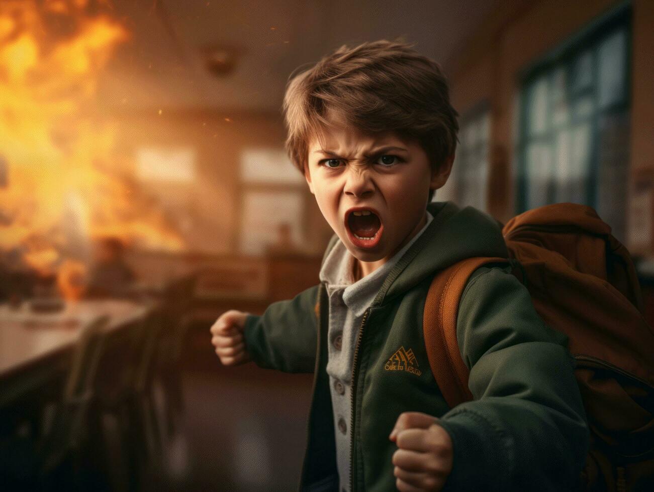 photo of emotional dynamic pose European kid in school AI Generative