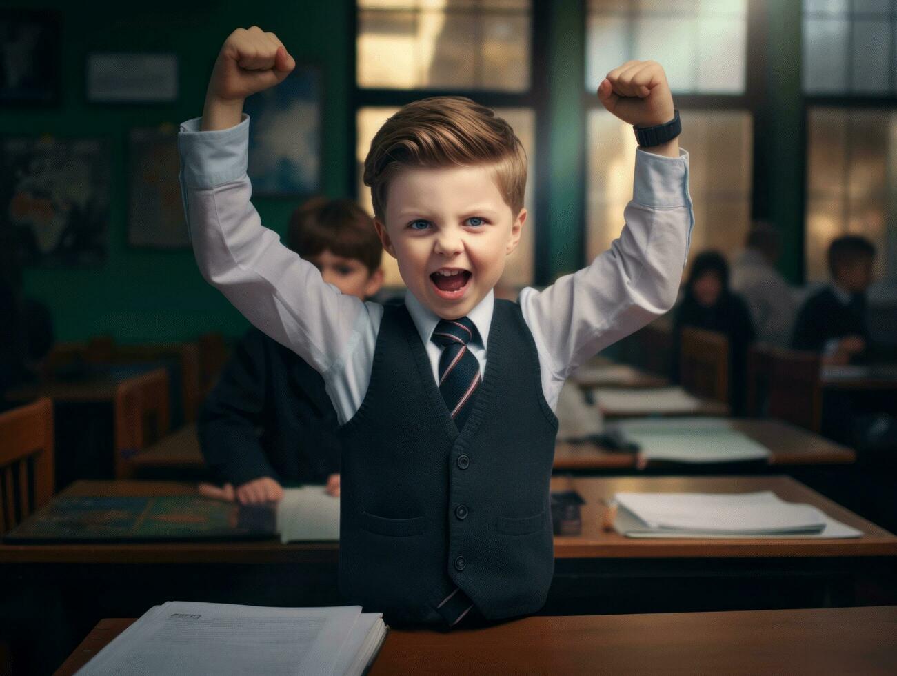 photo of emotional dynamic pose European kid in school AI Generative