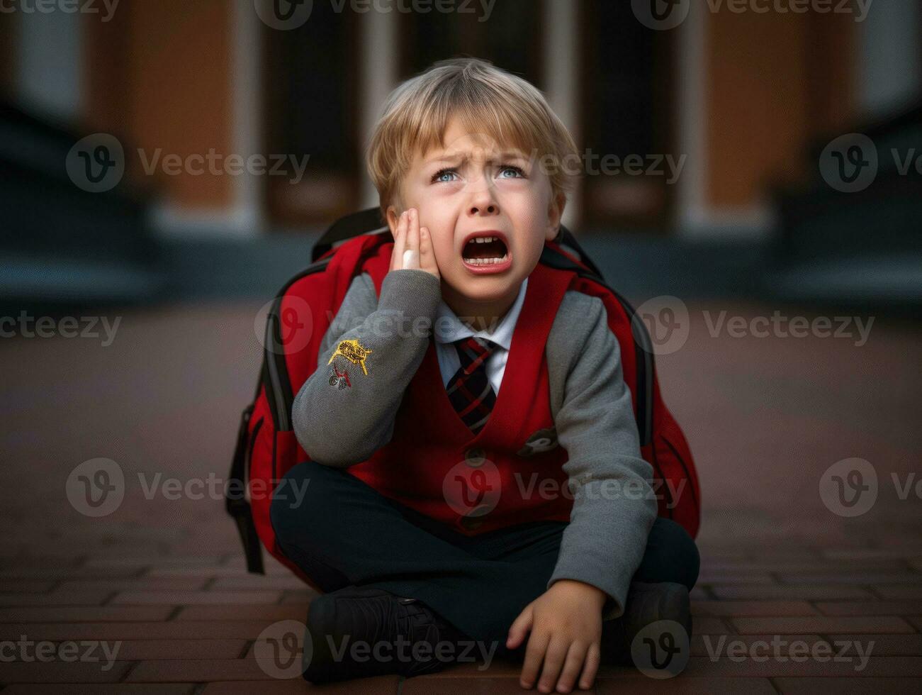 photo of emotional dynamic pose European kid in school AI Generative