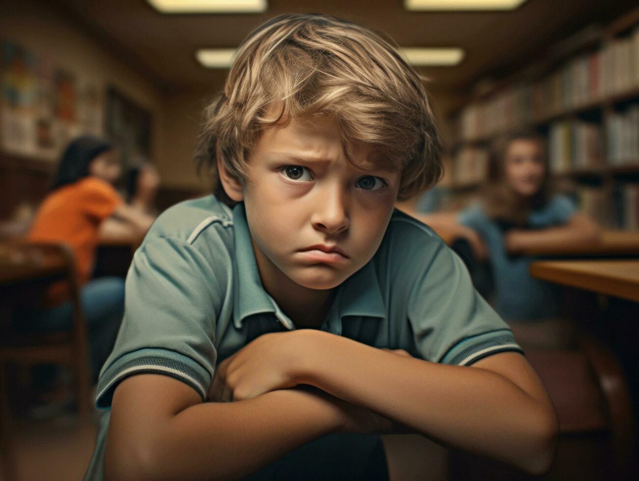 foto de emocional dinámica actitud europeo niño en colegio ai generativo