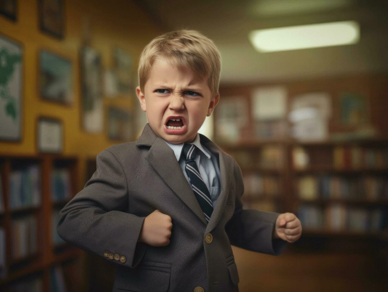 photo of emotional dynamic pose European kid in school AI Generative