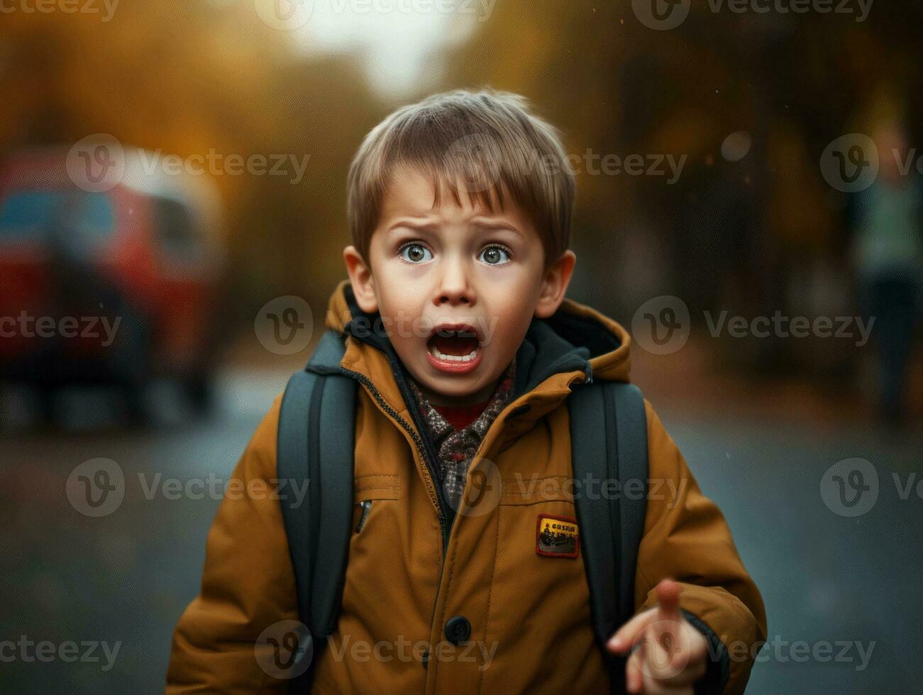 photo of emotional dynamic pose European kid in school AI Generative