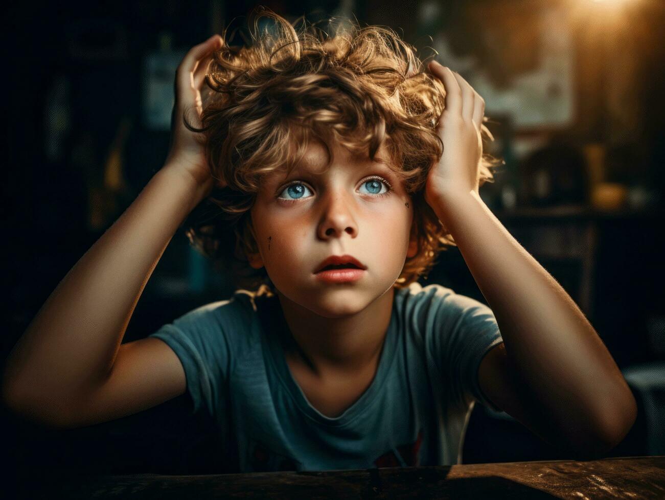 photo of emotional dynamic pose European kid in school AI Generative