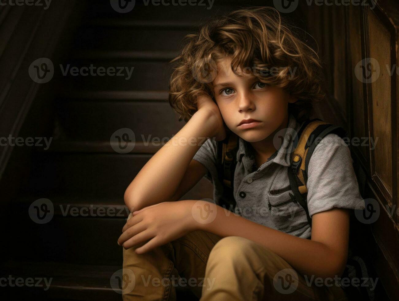 photo of emotional dynamic pose European kid in school AI Generative
