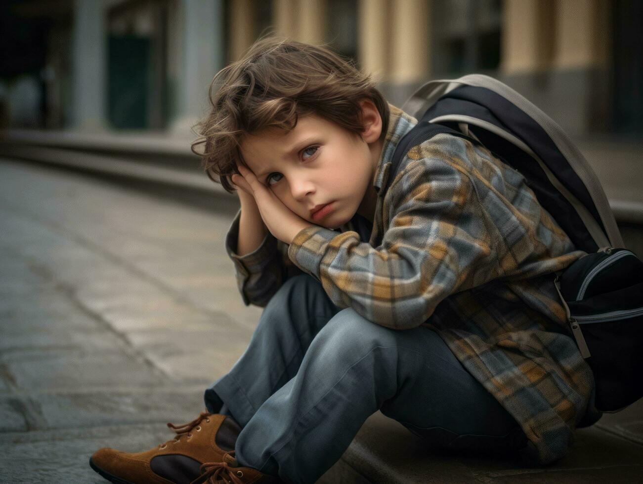 photo of emotional dynamic pose European kid in school AI Generative