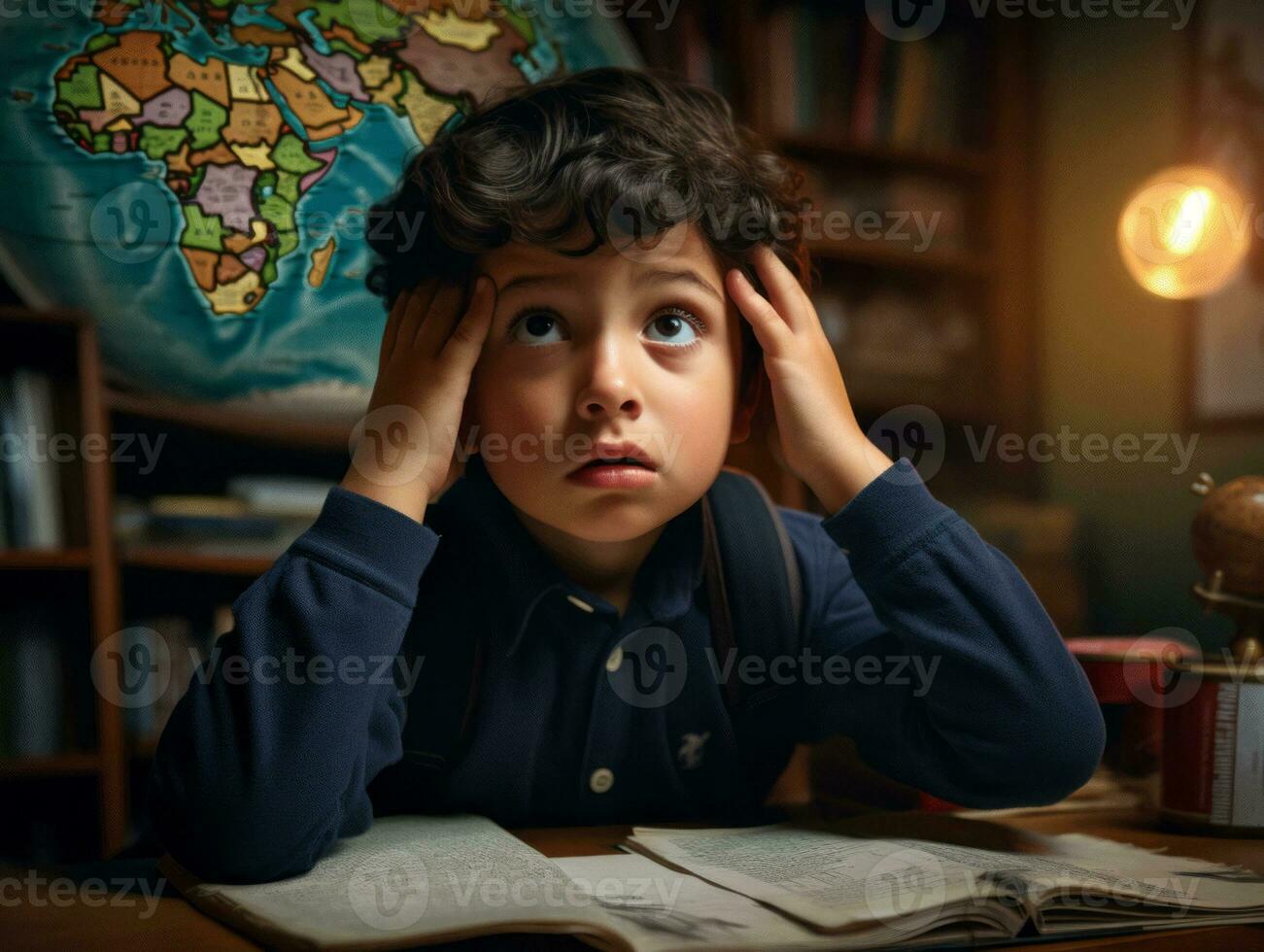 photo of emotional dynamic pose European kid in school AI Generative